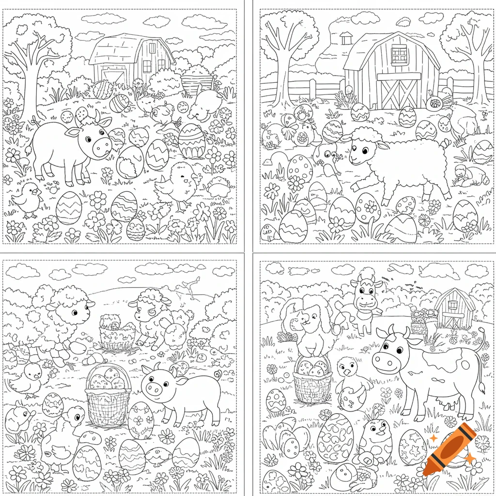 Four panels of a black and white coloring page showing farm animals like cows, sheep, pigs, and chicks hunting Easter eggs.