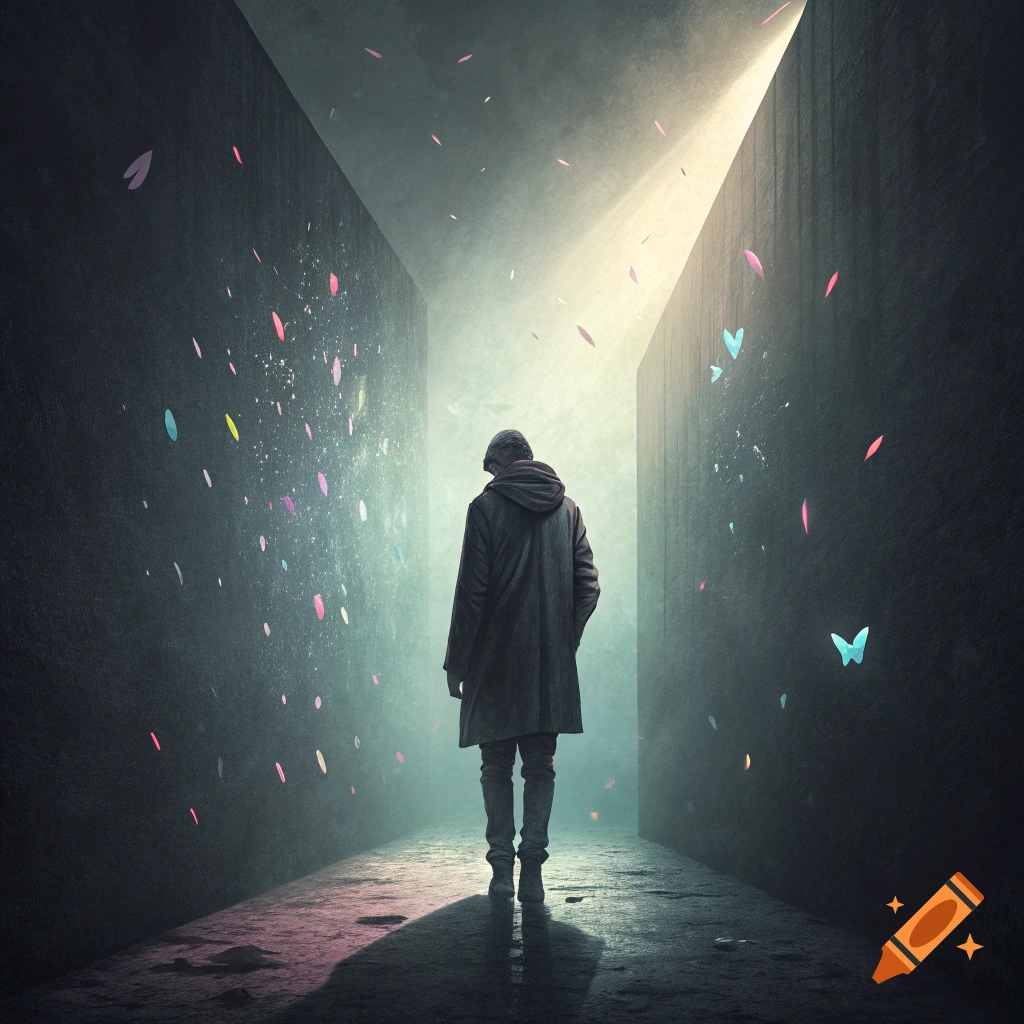 Figure walks down a dark corridor towards light with colorful floating shapes on walls. Digital art.
