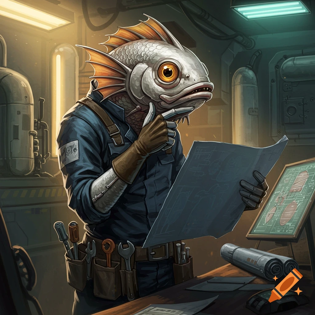 A fish-headed mechanical engineer examining a blueprint in an industrial workshop.