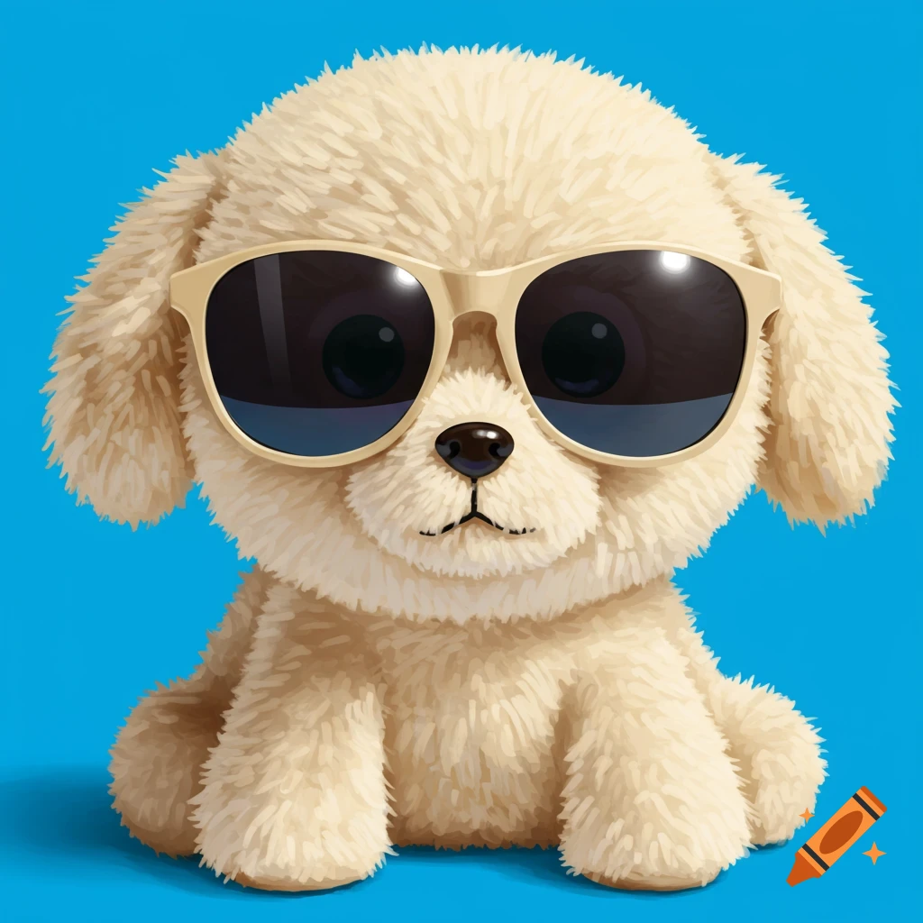 A cute plush dog wearing sunglasses, digital illustration on a blue background.