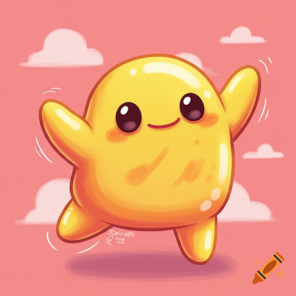 A cute, smiling yellow blob character with arms and legs stands against a pink background with white clouds.