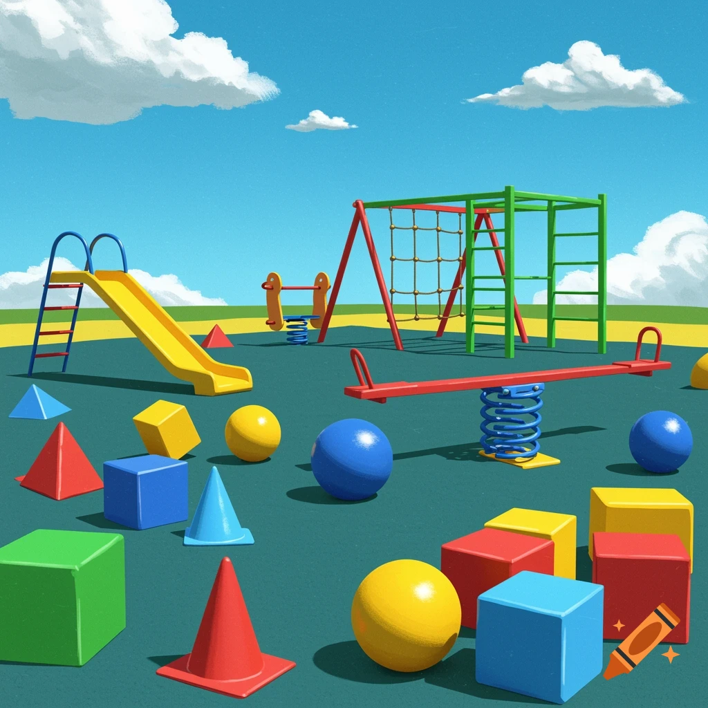 A bright playground with geometric shapes.