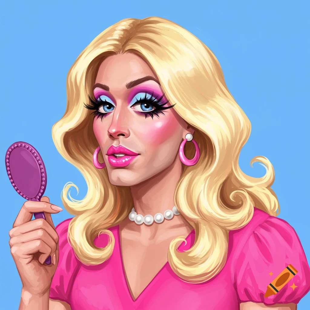 A vibrant image of a person in drag makeup and a pink dress, holding a mirror.