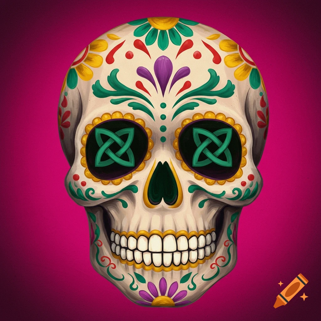 Colorful sugar skull with floral decoration and knot symbols in eyes.