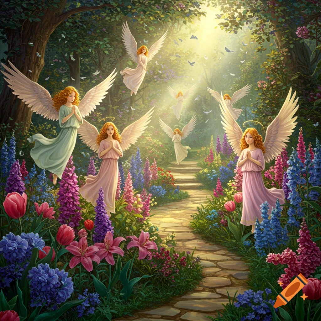 Angels with wings and halos walk a sunlit garden path, surrounded by colorful flowers.