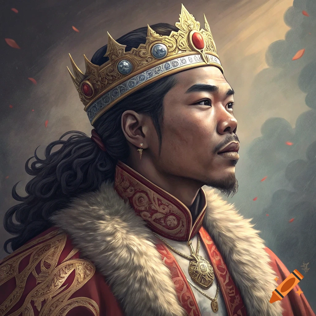 Detailed portrait of an Asian man with a ponytail wearing a gold crown and red fur-trimmed robe, looking to the side.