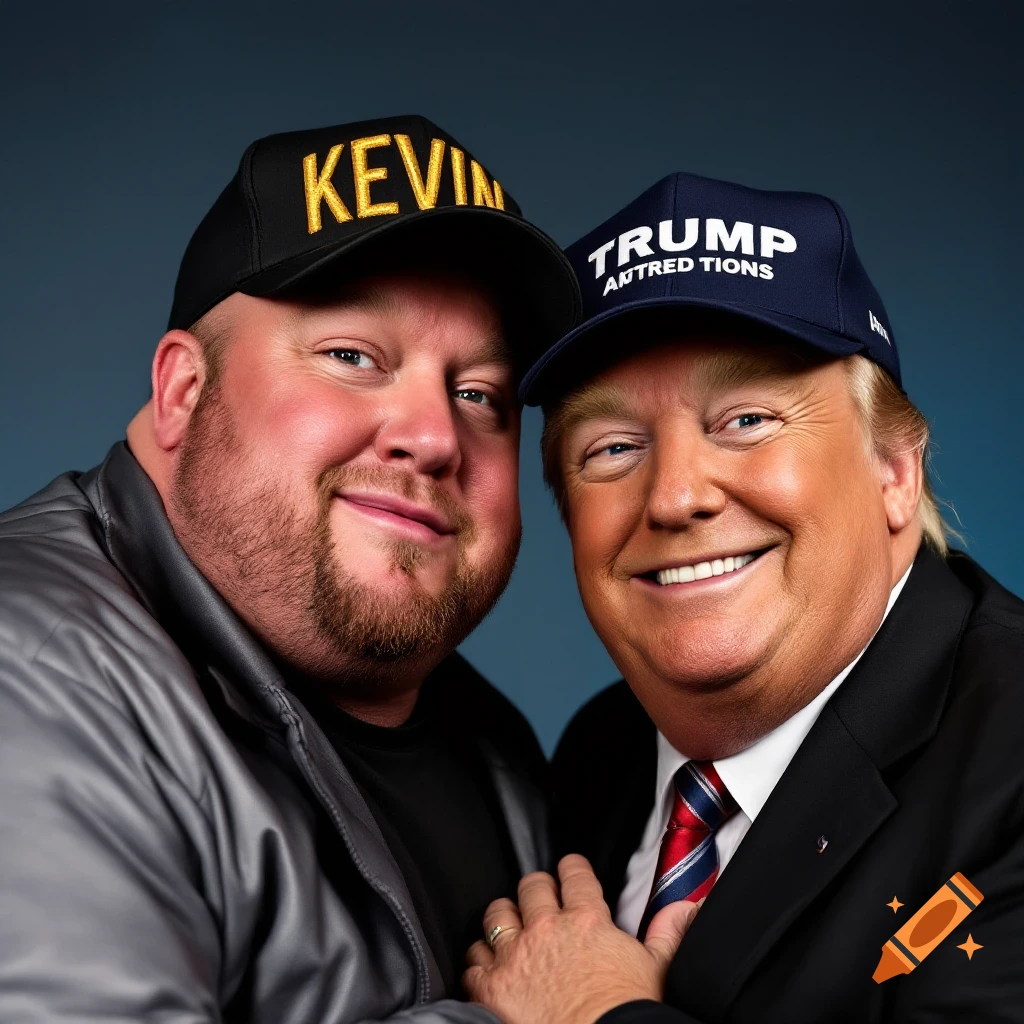 Two men, one resembling Kevin James and the other Donald Trump, smile and pose together, wearing caps.