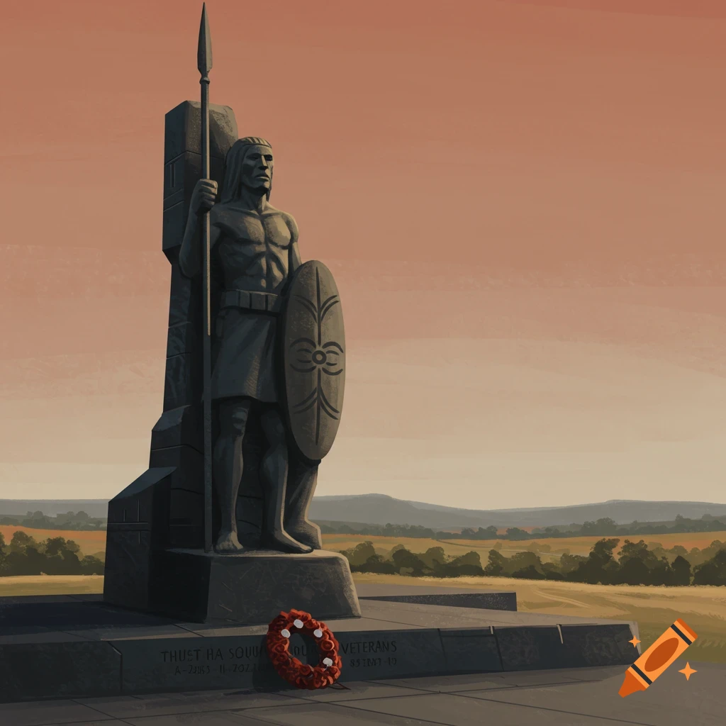 A stone monument depicting a warrior holding a spear and shield, with a wreath at its base, set in a landscape under an orange sky.
