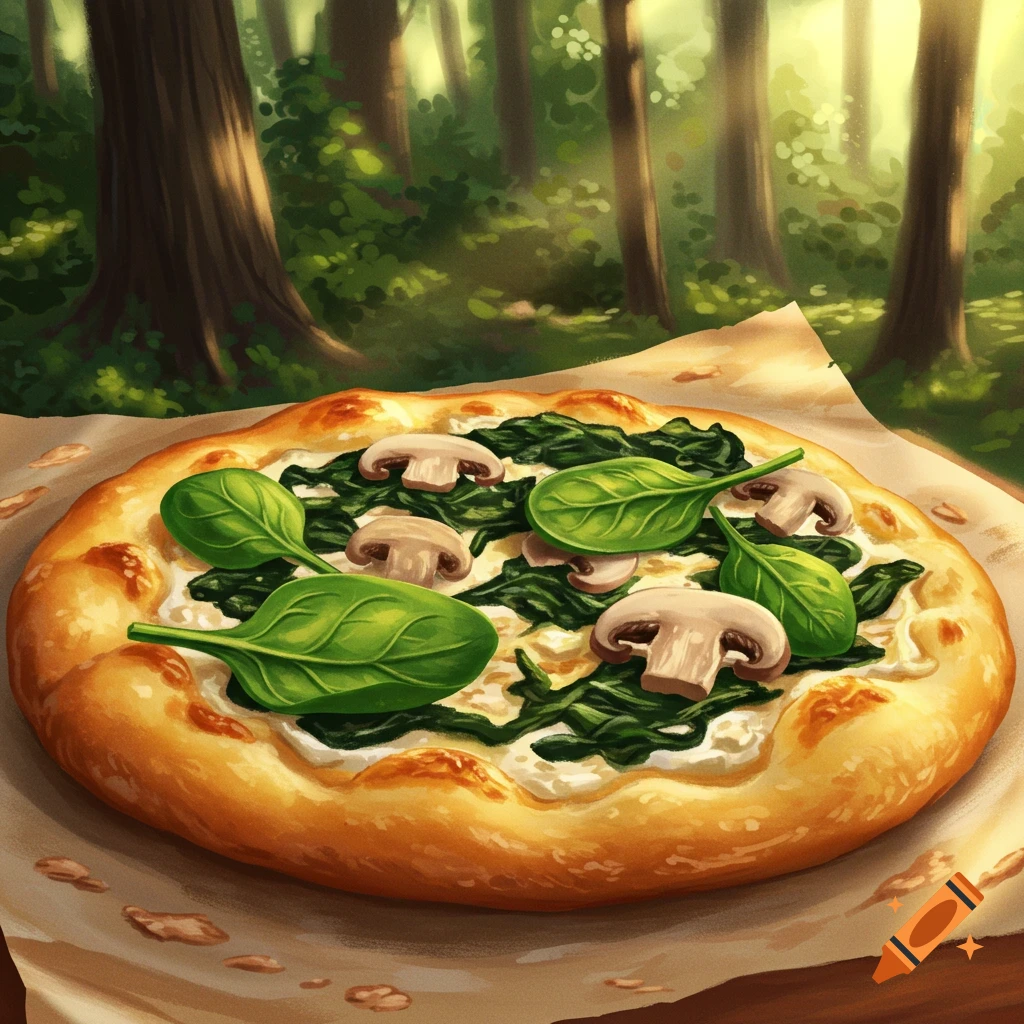 Flatbread topped with spinach and mushrooms on a cloth in a forest.