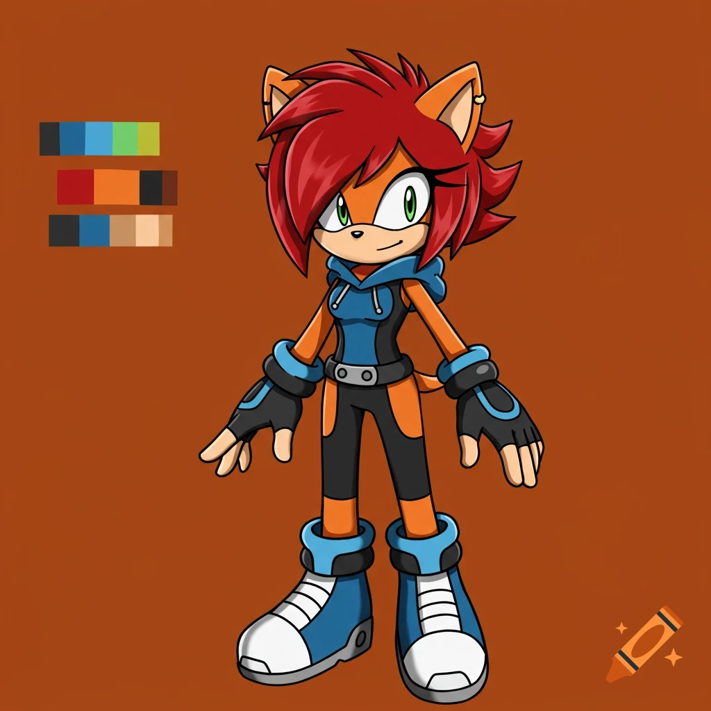 Full-body drawing of an anthropomorphic character with orange fur, red hair, blue/black outfit, sneakers, and color palettes.