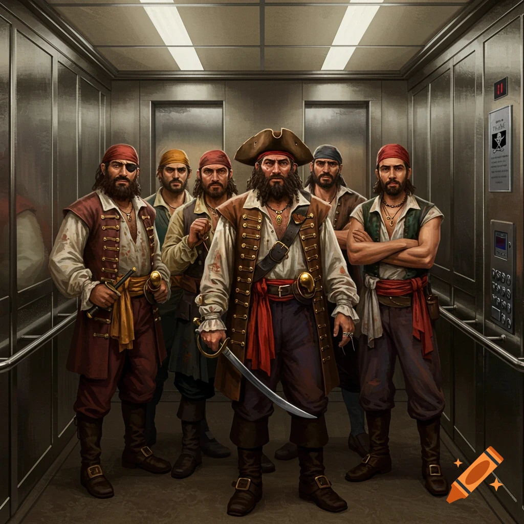 Six pirates standing in a fancy elevator