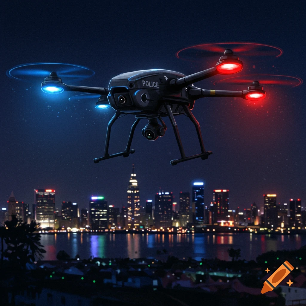A black police drone flying over a city skyline at night.