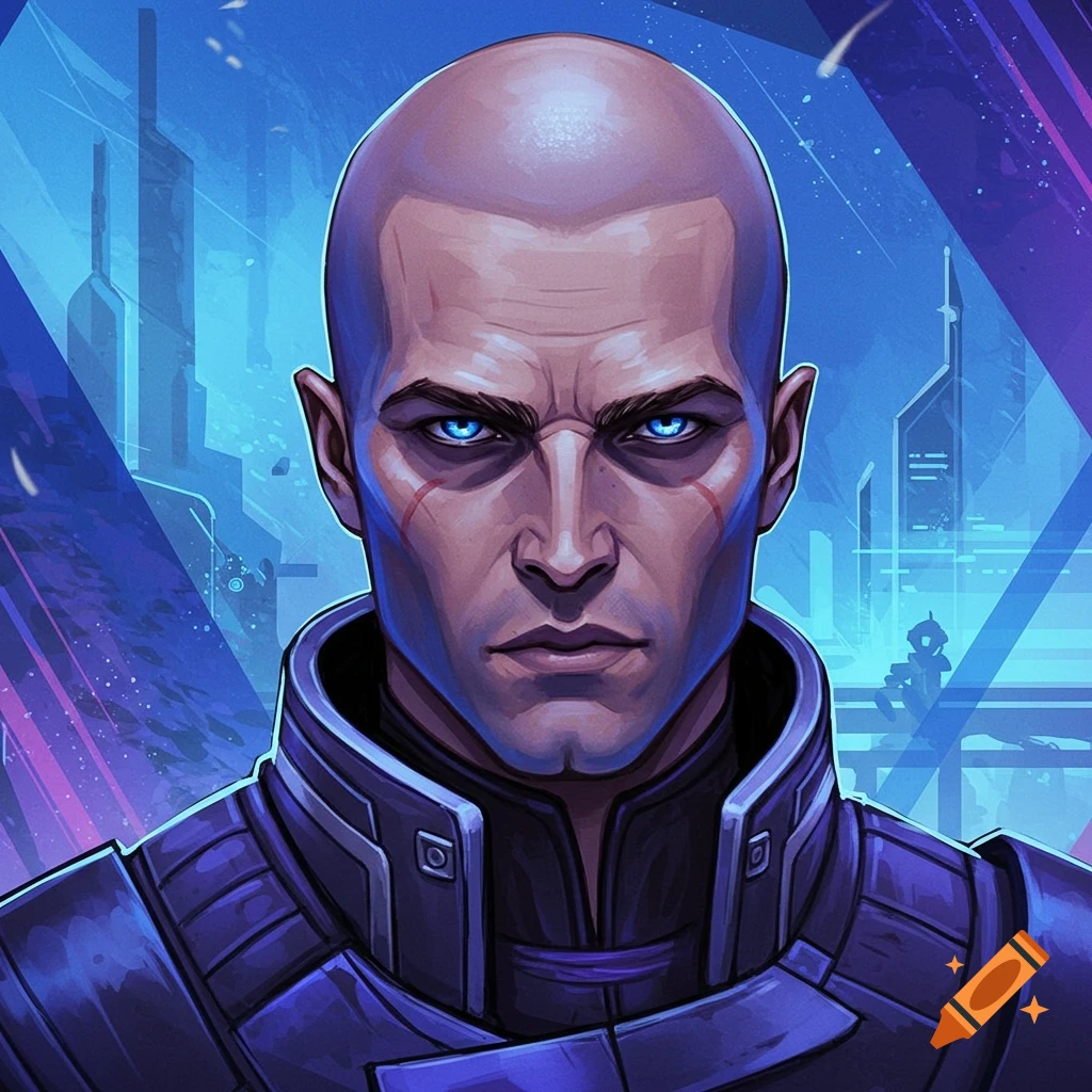 A bald man with blue eyes in futuristic armor against a sci-fi city background.