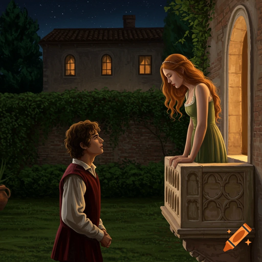 Illustration of a man looking up at a woman on a balcony at night