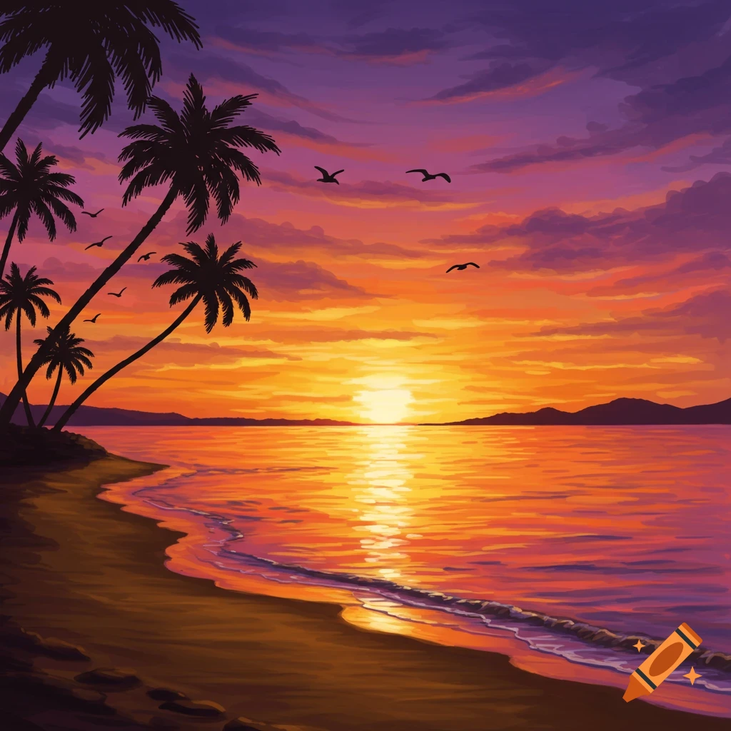 A vibrant sunset over a tropical beach with palm trees and birds flying.