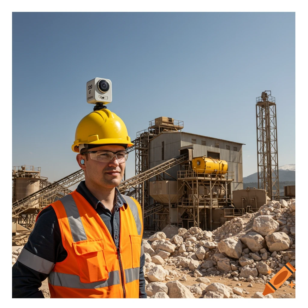Worker in safety gear with a 360 camera on hard hat at a limestone facility. Photorealistic.