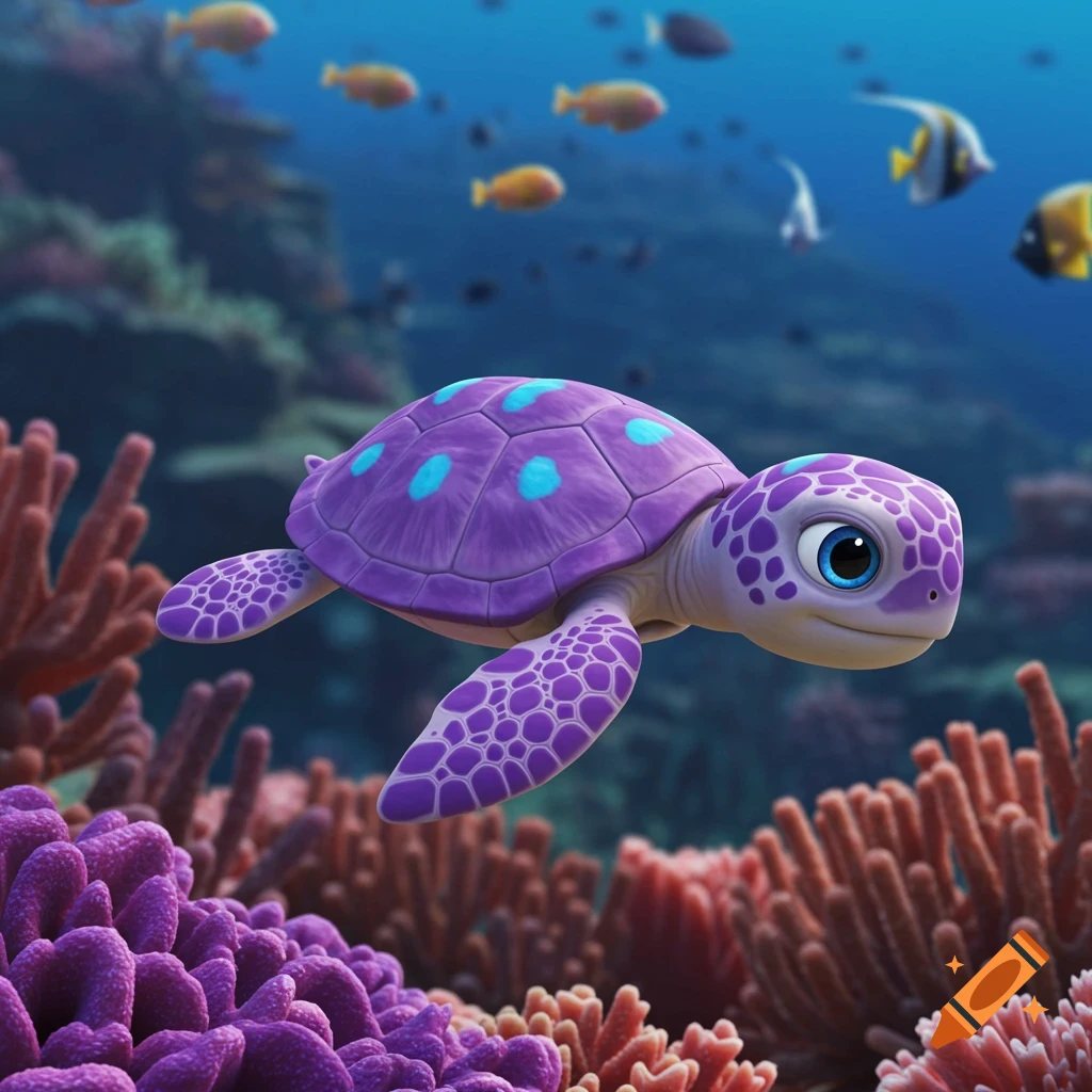 A cartoon purple baby turtle with blue spots swims through a coral reef with fish.
