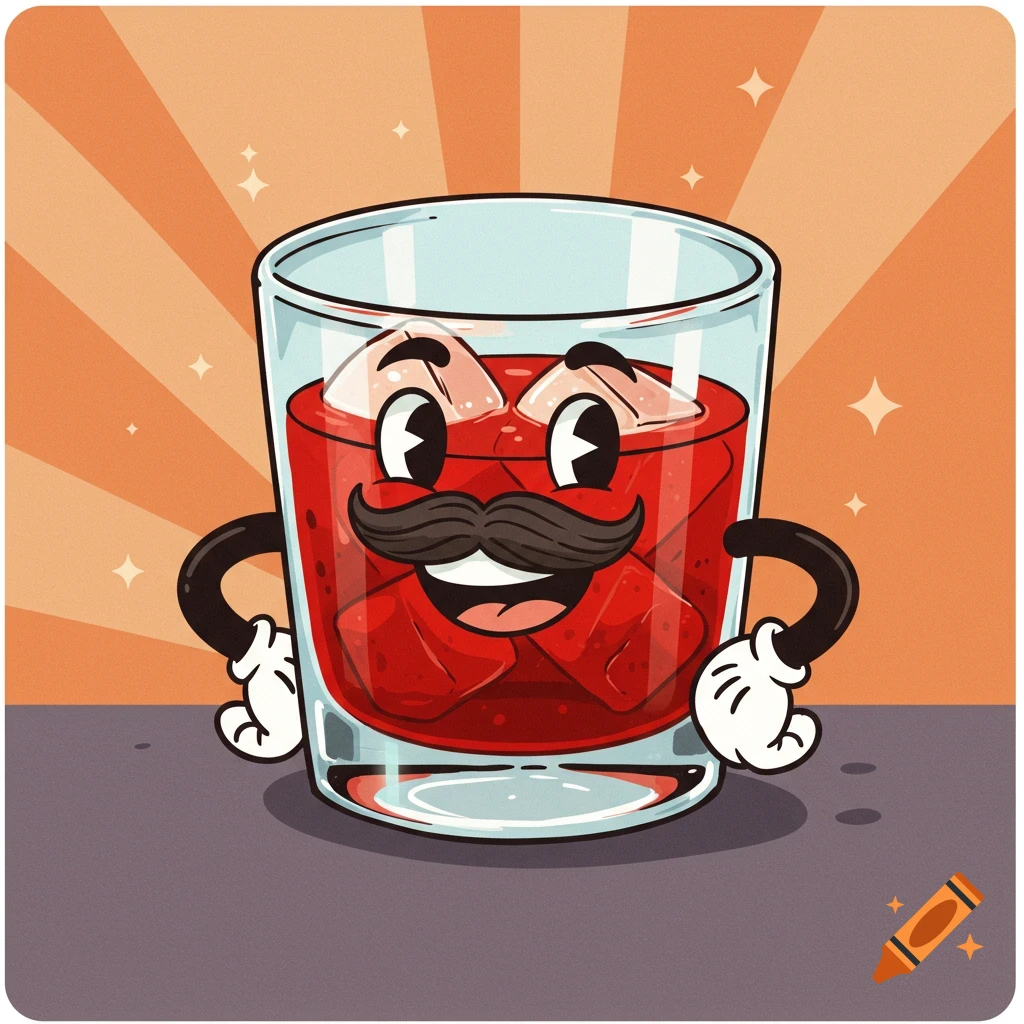 1950s cartoon of a Negroni drink with a face and mustache