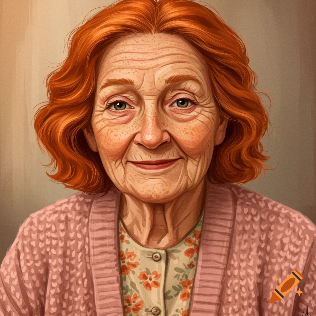 Portrait of an elderly woman with red hair and freckles, smiling.