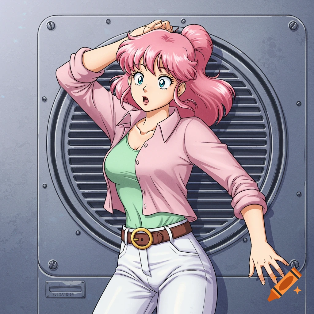 An anime girl with pink hair in a pink shirt and white pants leans against a large vent, looking surprised.