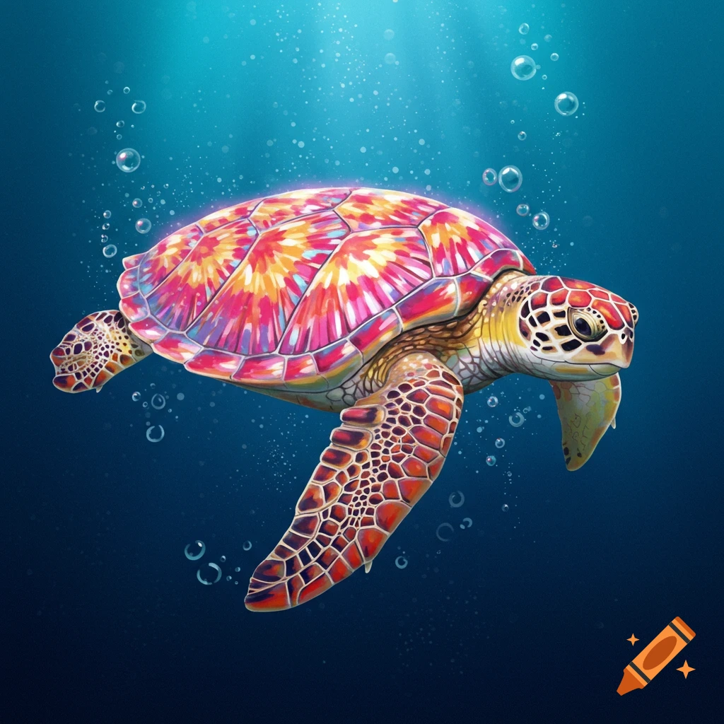 A brightly colored sea turtle with a tie-dye pattern shell swims in blue water with bubbles.