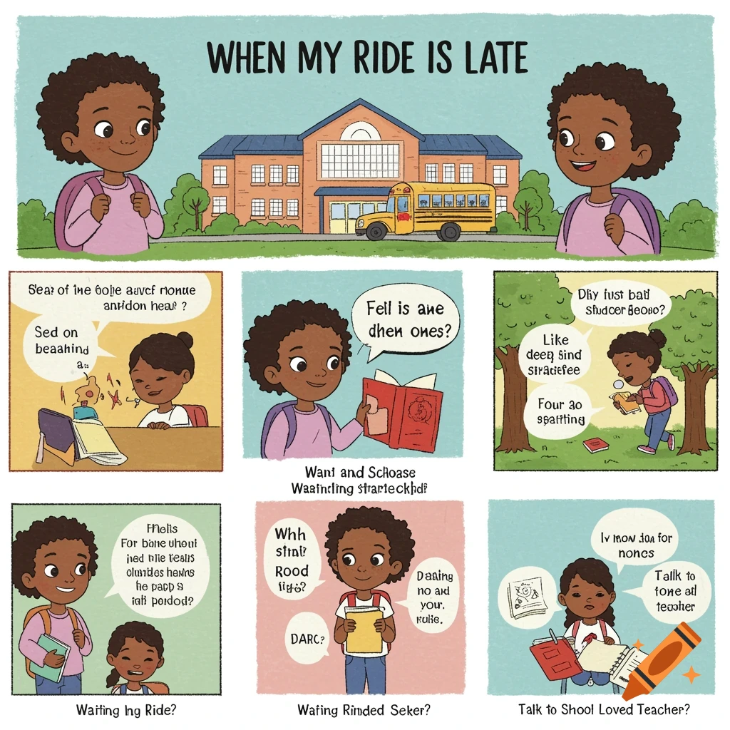 Cartoon illustration of a young Black girl at school, waiting for her ride.
