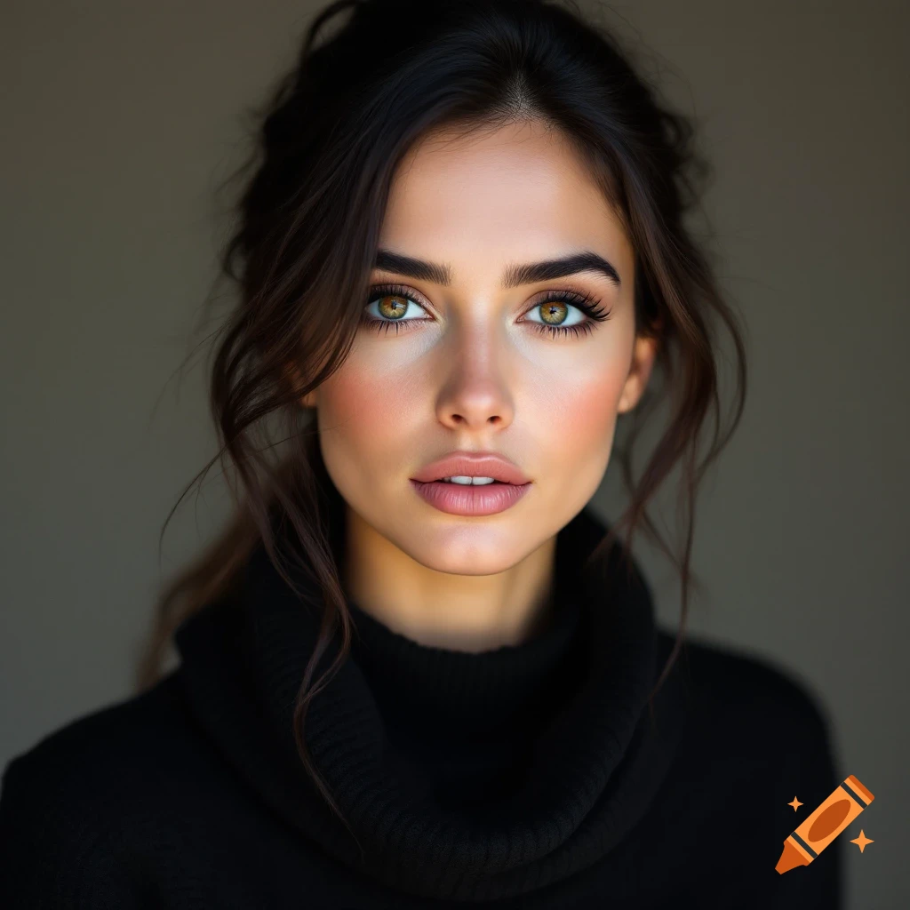 A close-up portrait of a woman with dark hair and green eyes wearing a black turtleneck.