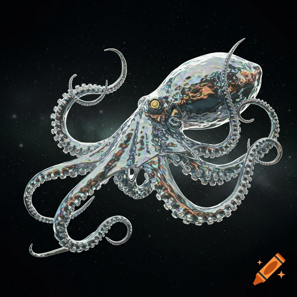 A shiny liquid metal octopus floats in a dark, starry space.