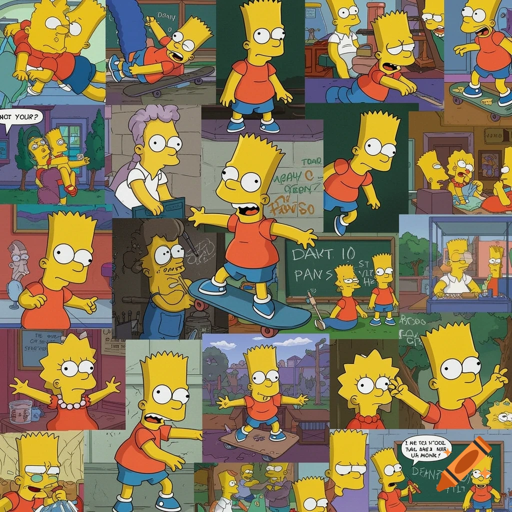 A collage of different scenes and poses featuring Bart Simpson from The Simpsons, including skateboarding and writing on a blackboard.