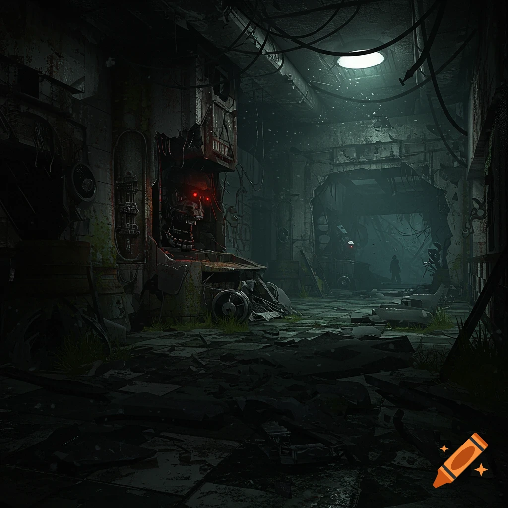 Dark, ruined industrial hallway with a skull-like machine and a distant figure.