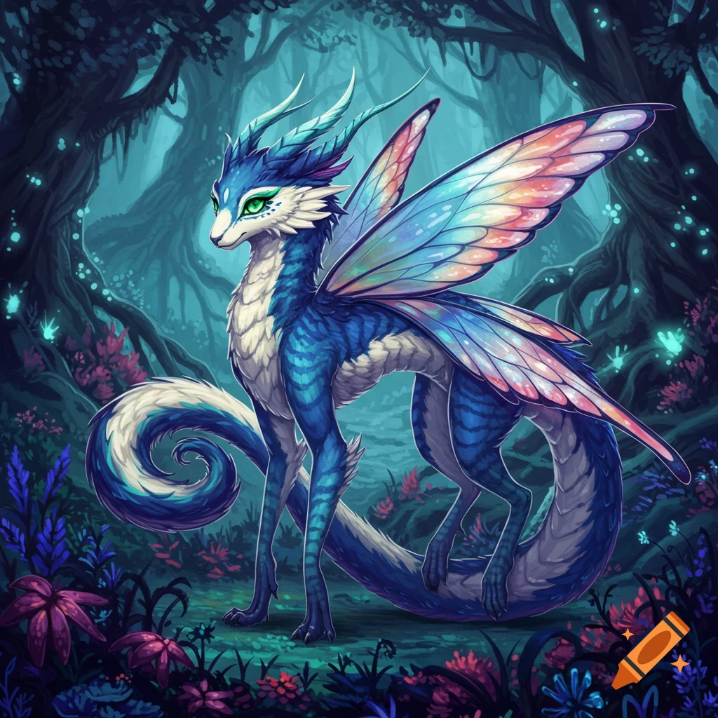 A blue and white winged fantasy creature stands in a dark, glowing forest. Digital art.