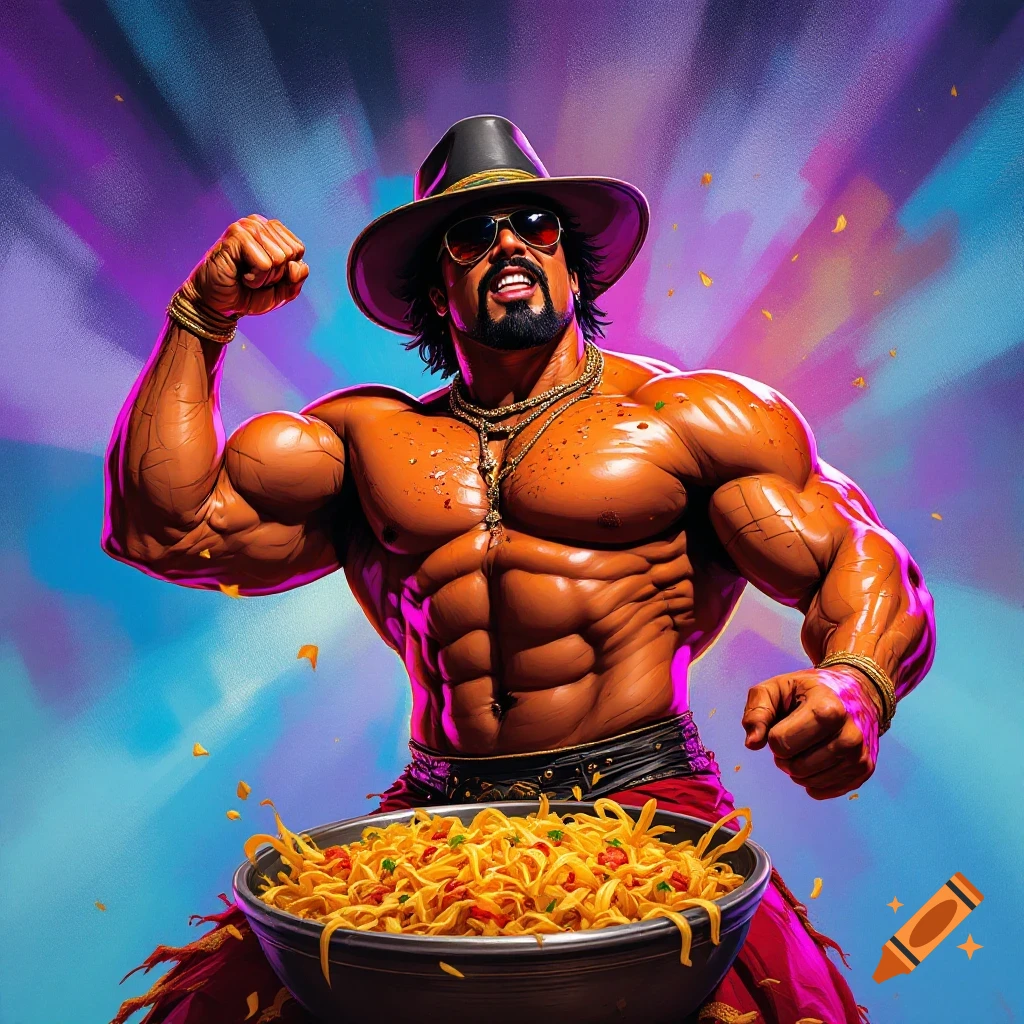 Muscular man in hat flexing behind a large bowl of food.