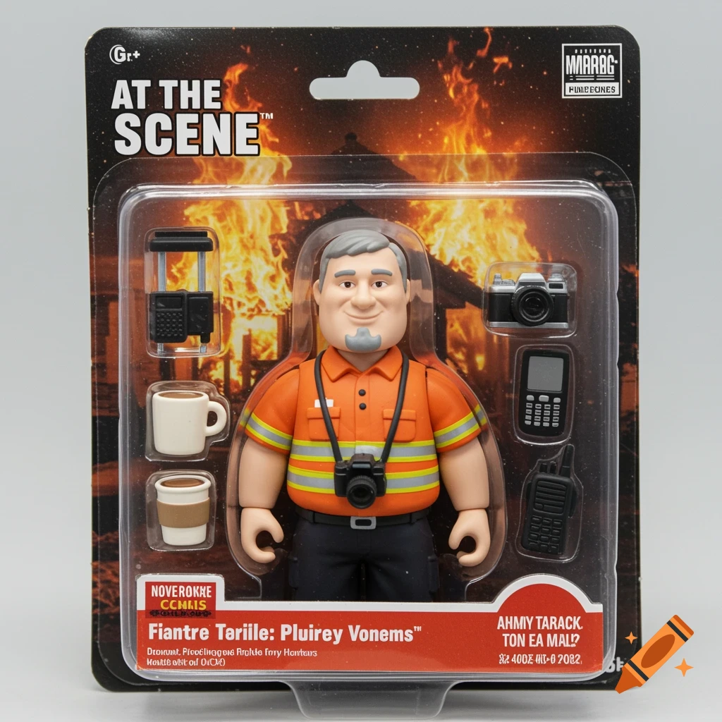 Action figure of a smiling man in an orange shirt in clear plastic packaging with a house fire background.