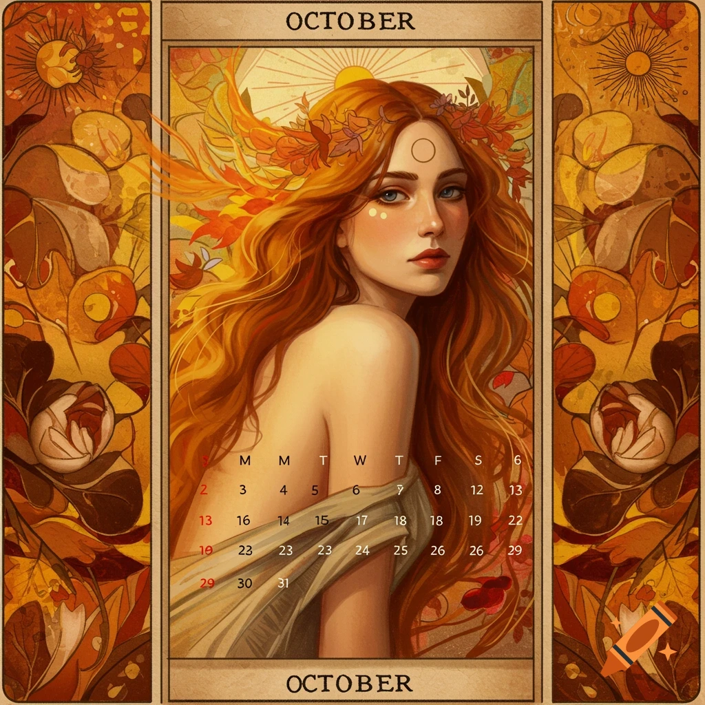 A woman on an October calendar cover featuring fall colors and a tarot-card style.
