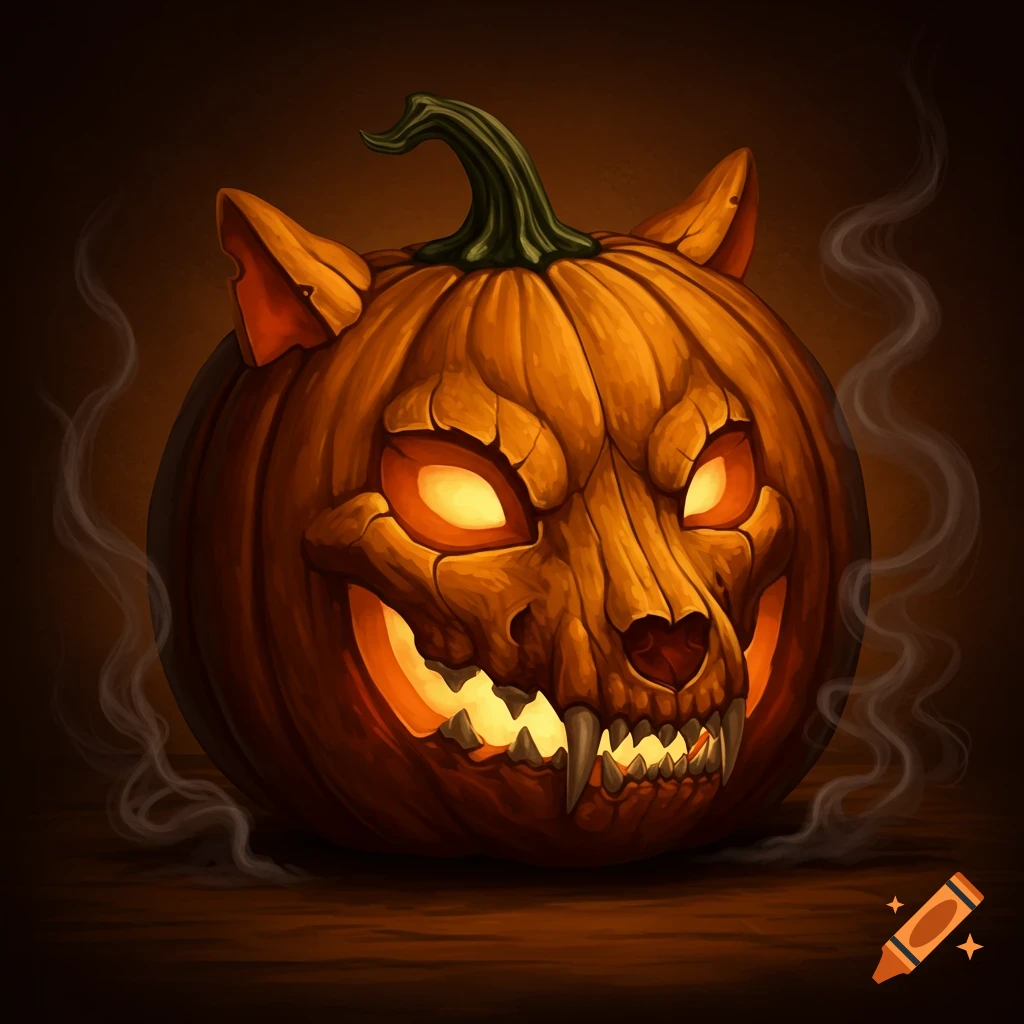 A jack-o'-lantern carved with an angry wolf skull face, glowing eyes, and smoke.