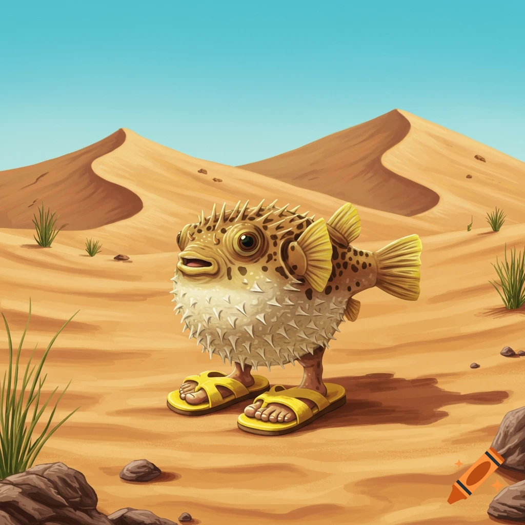 A pufferfish wearing yellow sandals standing in a desert landscape.