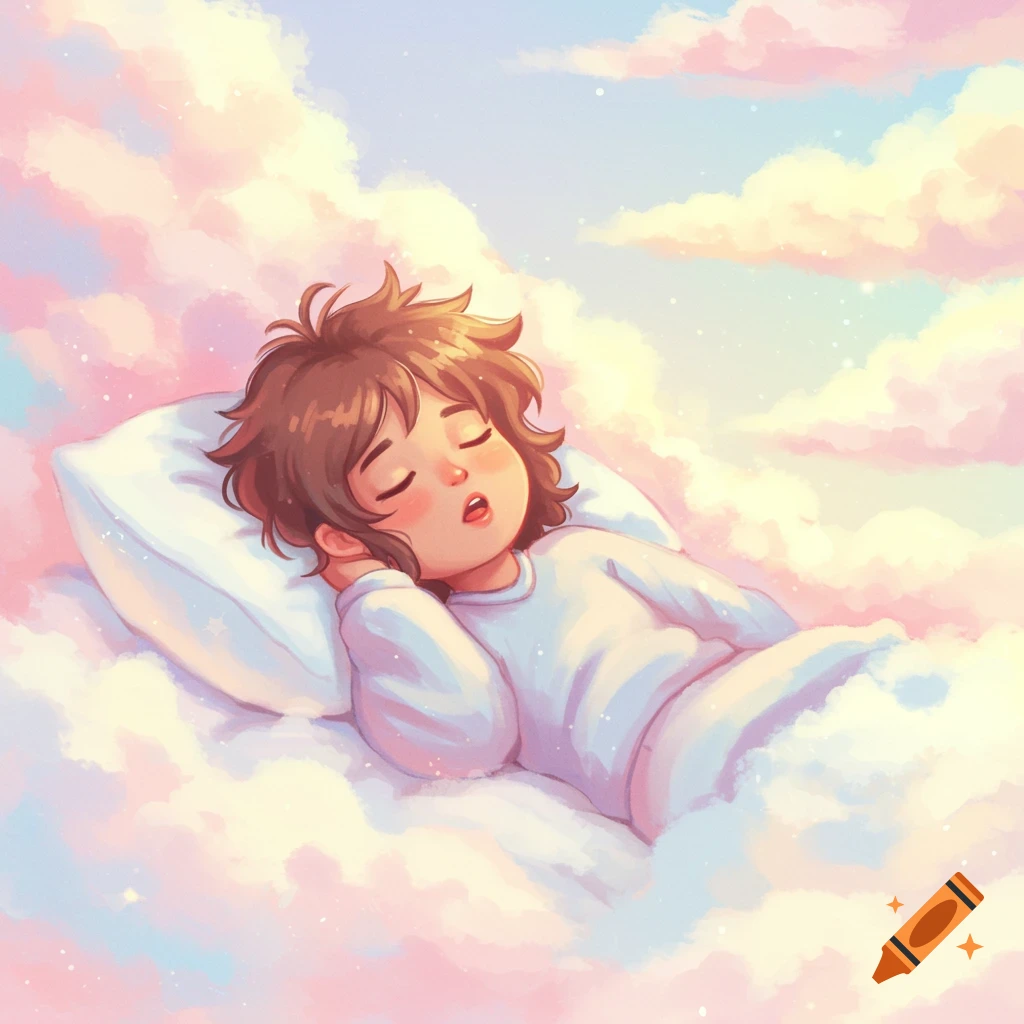 Whimsical image of a child sleeping on fluffy pink and blue clouds in a pastel sky.