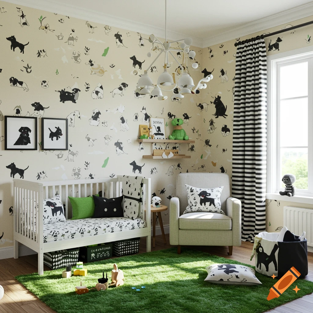 A dog-themed nursery room with a crib, armchair, rug, and toys.