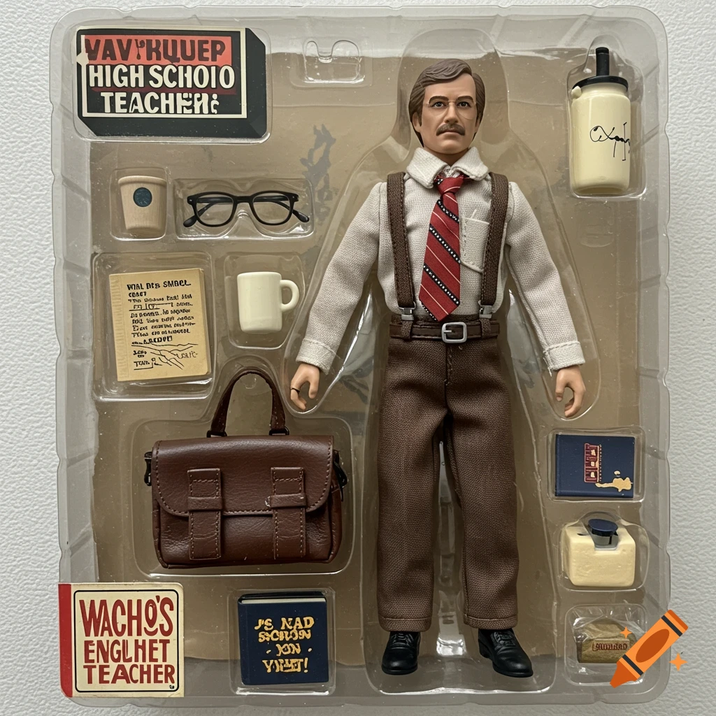 Action figure of a high school English teacher in packaging with accessories.