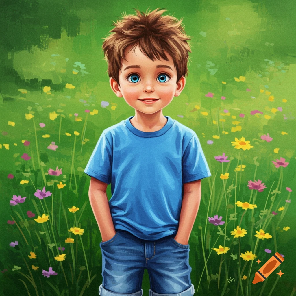 A young boy with blue eyes and brown hair, wearing a blue shirt and denim shorts, standing in a field of colorful wildflowers.
