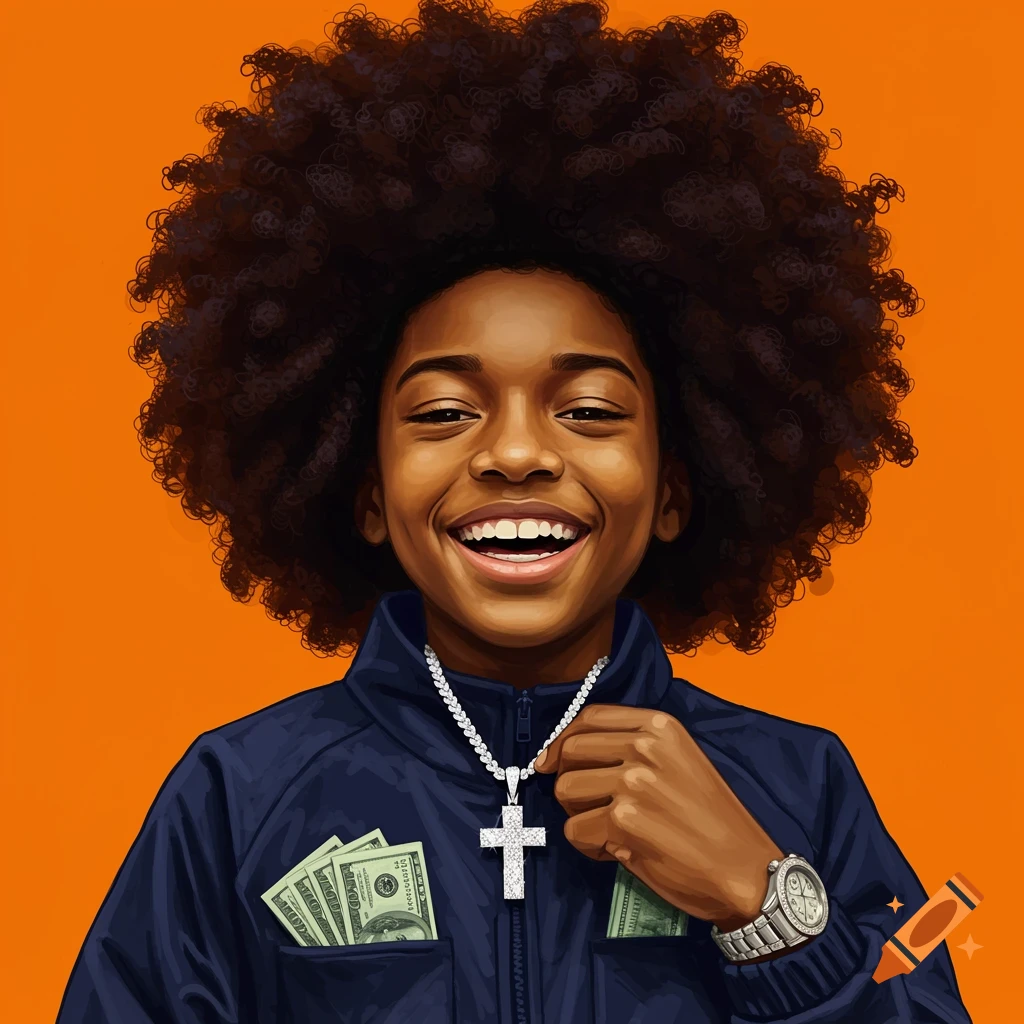 A smiling young Black boy with an afro, wearing a jacket, cross necklace, and watch, with money in his pocket.