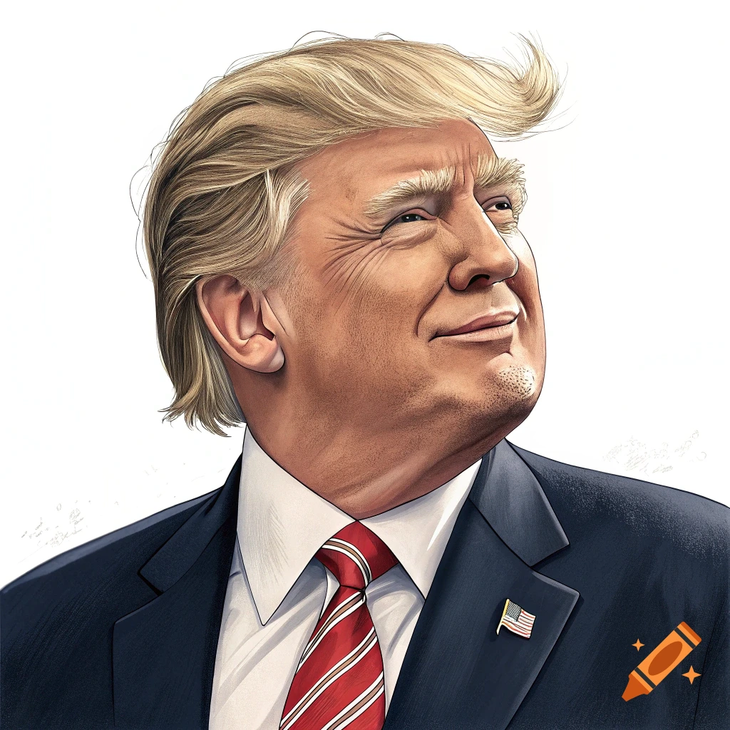Illustration of Donald Trump wearing a suit and red tie, looking upwards.