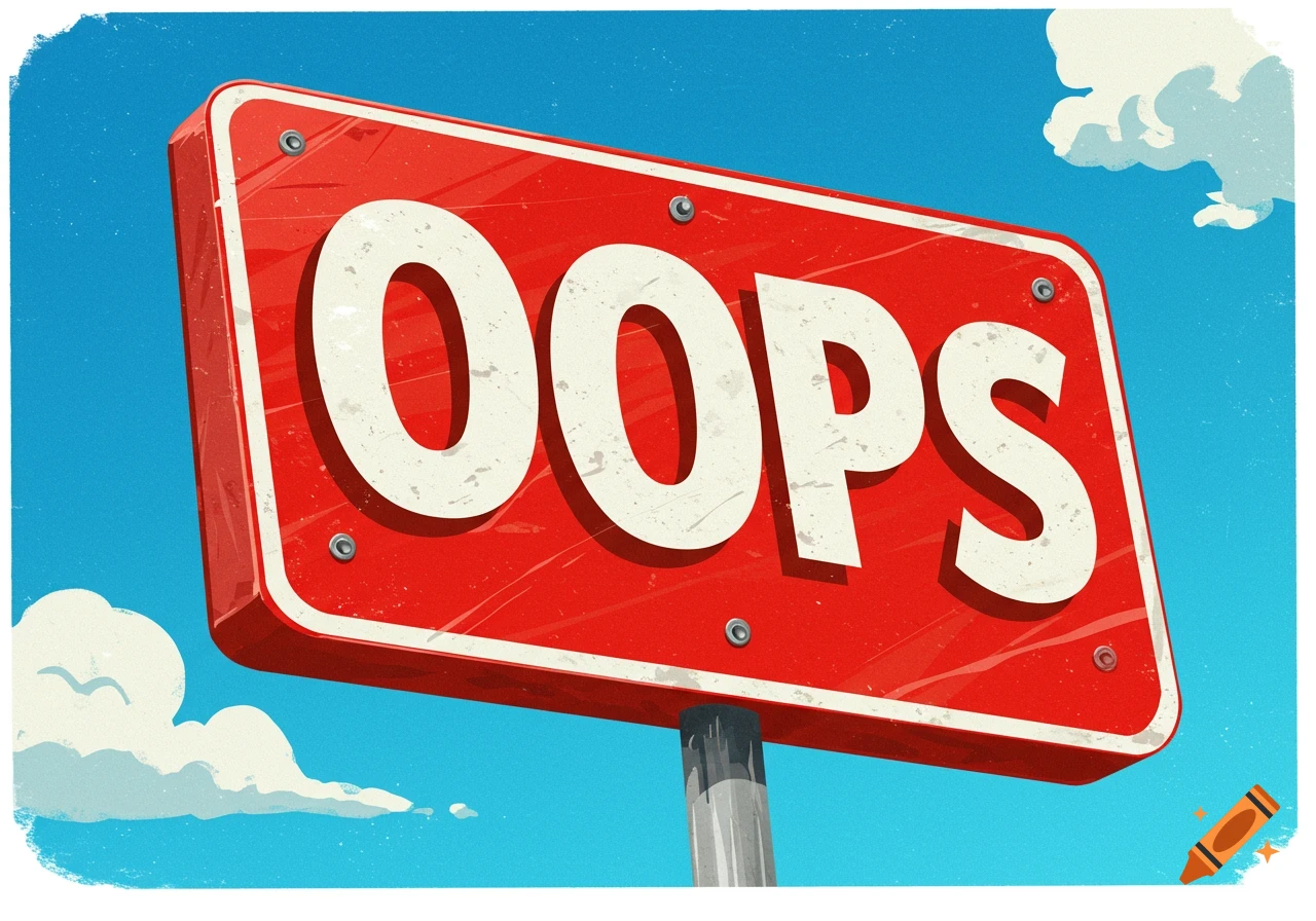 A red sign with white letters spelling OOPS against a blue sky with clouds.