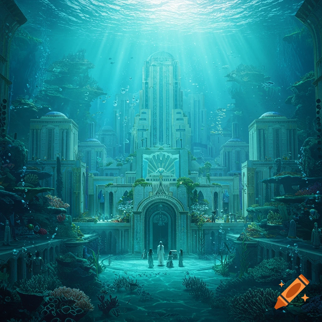 An underwater view of the city of Atlantis with grand buildings and figures.