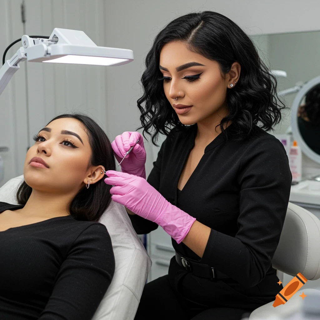 A woman performs an ear piercing on another woman in a medical spa setting.