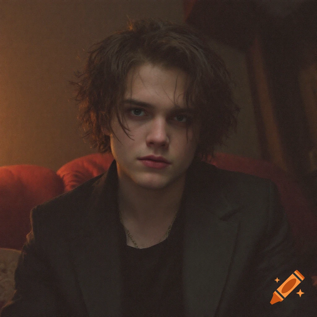Portrait of a young man with dark messy hair, wearing a dark jacket and necklace