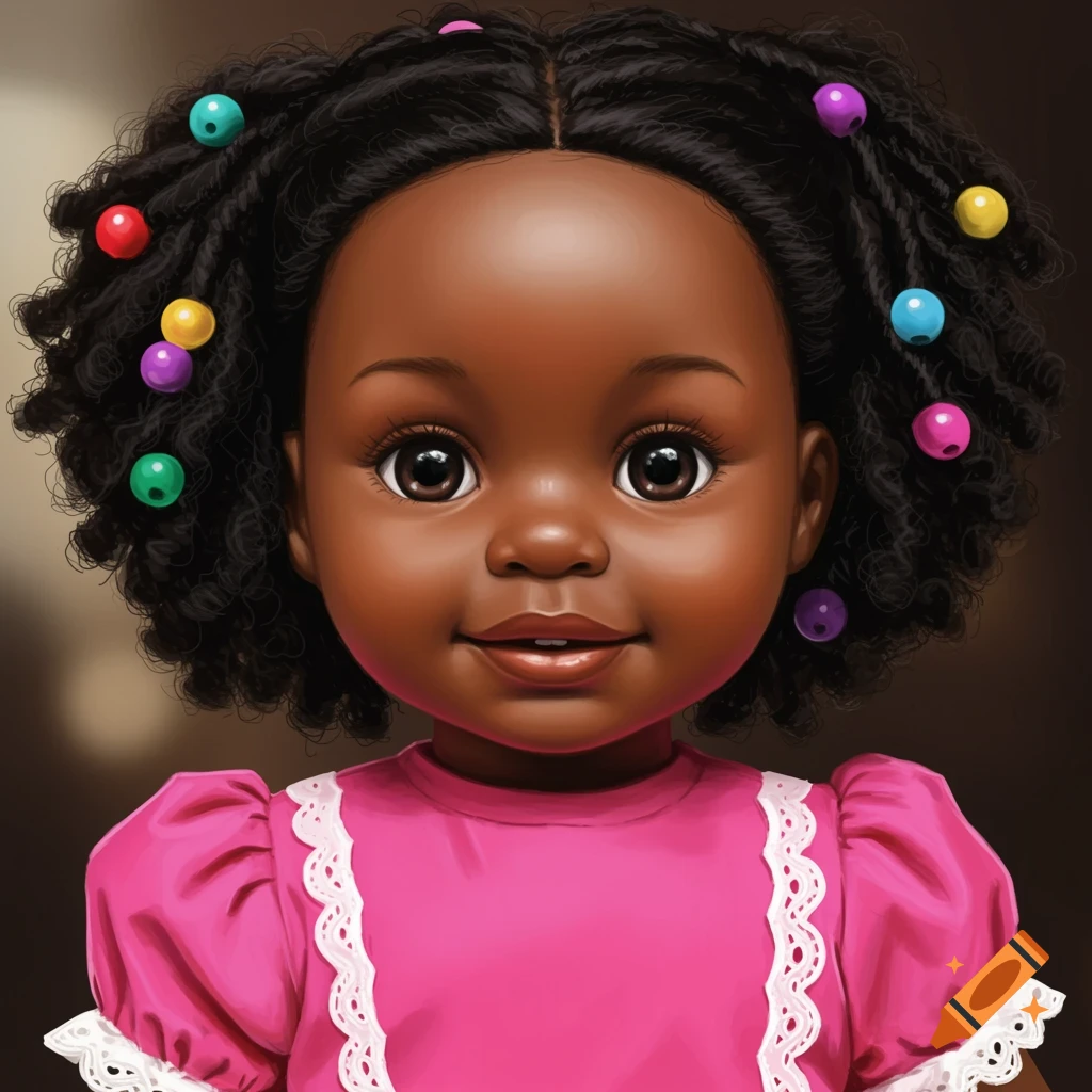 A doll-like Black girl with colorful beads in her curly hair, wearing a pink dress.