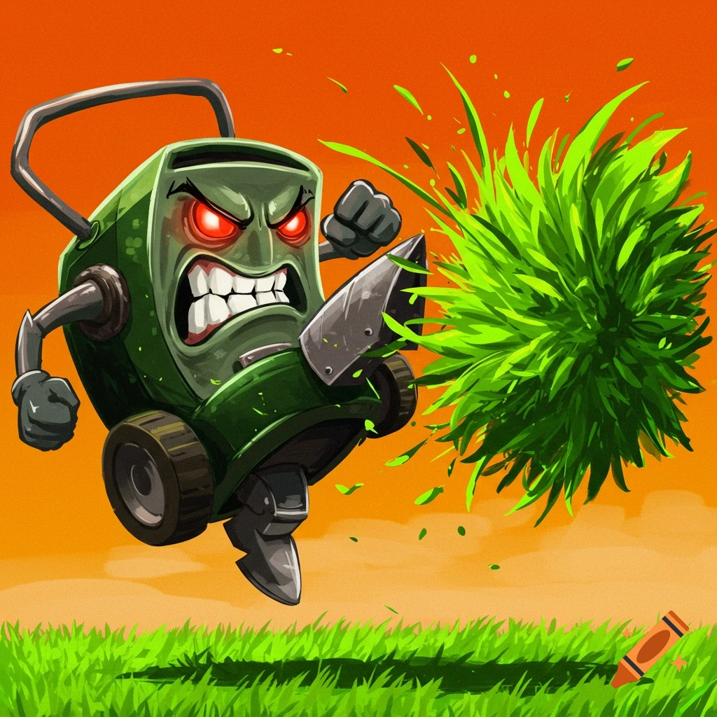 A cartoon style image of a green lawnmower character with a mean face kicking a ball of grass.