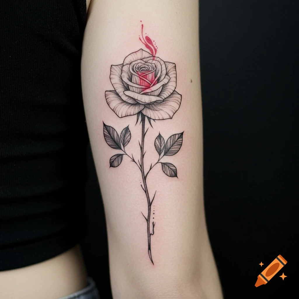 Black and white line art rose tattoo with red accents on an arm