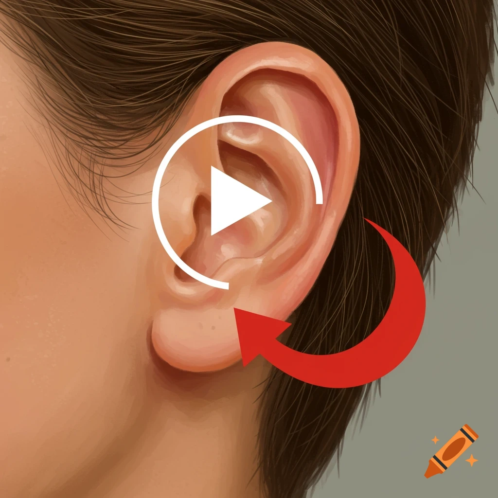 Digital illustration close-up of an ear with a white play button and red curved arrow overlay.